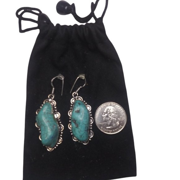 SOLD!!! Tibetan Turquoise Gemstone Handmade Ethnic Dangle Earrings - Picture 2 of 7